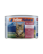 Feline Natural Canned Food for Cats, Chicken & Venison Feast in a 170g can showing a tabby cat with mountainous background, highlighting grain-free, high-meat content.