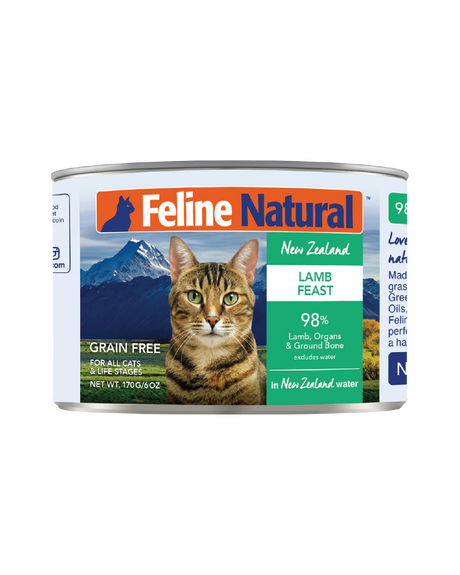 Feline Natural Canned Food for Cats, Lamb Feast, 170g can, features a high-meat, grain-free recipe for all life stages, offering convenient, protein-rich hydration.