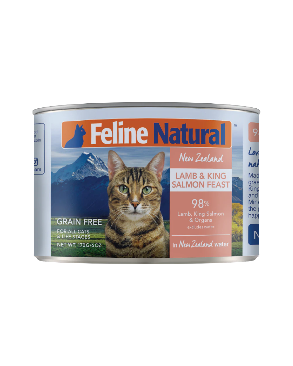 Feline Natural Canned Food for Cats featuring a tabby cat over New Zealand mountains, labeled Lamb & King Salmon Feast, 98% meat, grain-free.