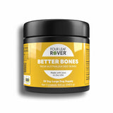 Four Leaf Rover Better Bones - Dried Bone For Homemade Diets: 8 oz black jar with yellow label for large dogs, featuring quality seal and feeding instructions.