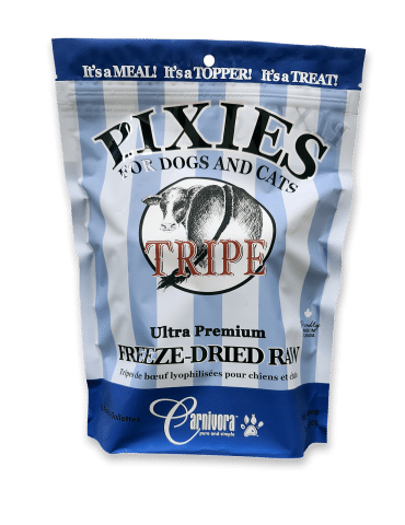 Pixies by Carnivora Green Beef Tripe Mini Patties (freeze-dried) in a blue-and-white striped pouch, labeled TRIPE, freeze-dried raw beef tripe for dogs and cats.