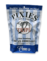 Pixies by Carnivora Green Beef Tripe Mini Patties (freeze-dried) in a blue-and-white striped pouch, labeled TRIPE, freeze-dried raw beef tripe for dogs and cats.