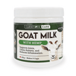 Carnivore Care Goat Milk Booster with Hemp in a 250g white tub, promoting joint support, anxiety relief, and inflammation reduction for pets, with 30mg CBD per cup.