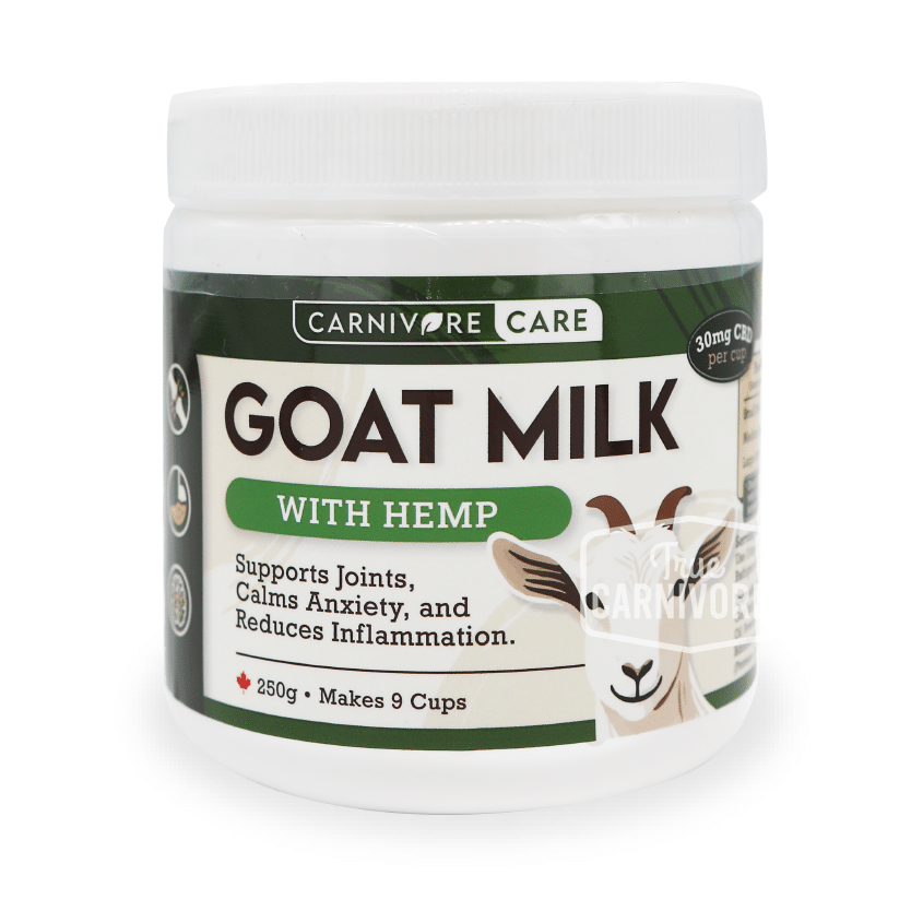 Carnivore Care Goat Milk Booster with Hemp in a 250g white tub, promoting joint support, anxiety relief, and inflammation reduction for pets, with 30mg CBD per cup.