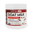 Carnivore Care Goat Milk Booster with Taurine tub, featuring benefits for eye health, heart function, and prenatal wellness, specifically formulated for cats and dogs.