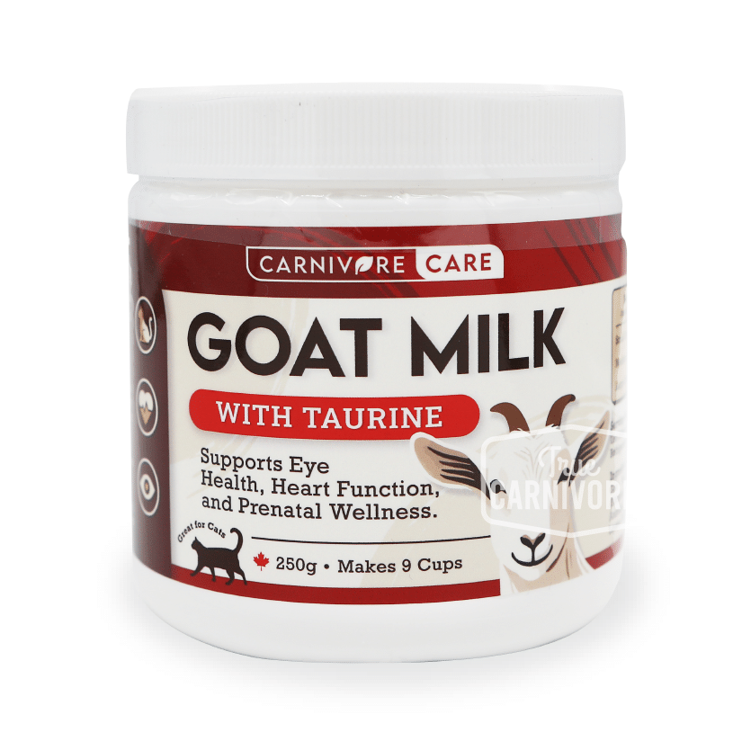 Carnivore Care Goat Milk Booster with Taurine tub, featuring benefits for eye health, heart function, and prenatal wellness, specifically formulated for cats and dogs.