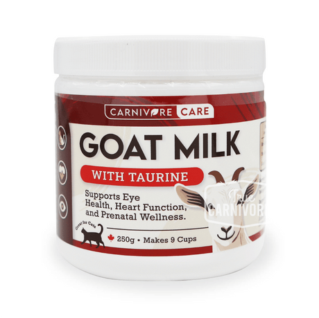 Carnivore Care Goat Milk Booster with Taurine tub, featuring benefits for eye health, heart function, and prenatal wellness, specifically formulated for cats and dogs.
