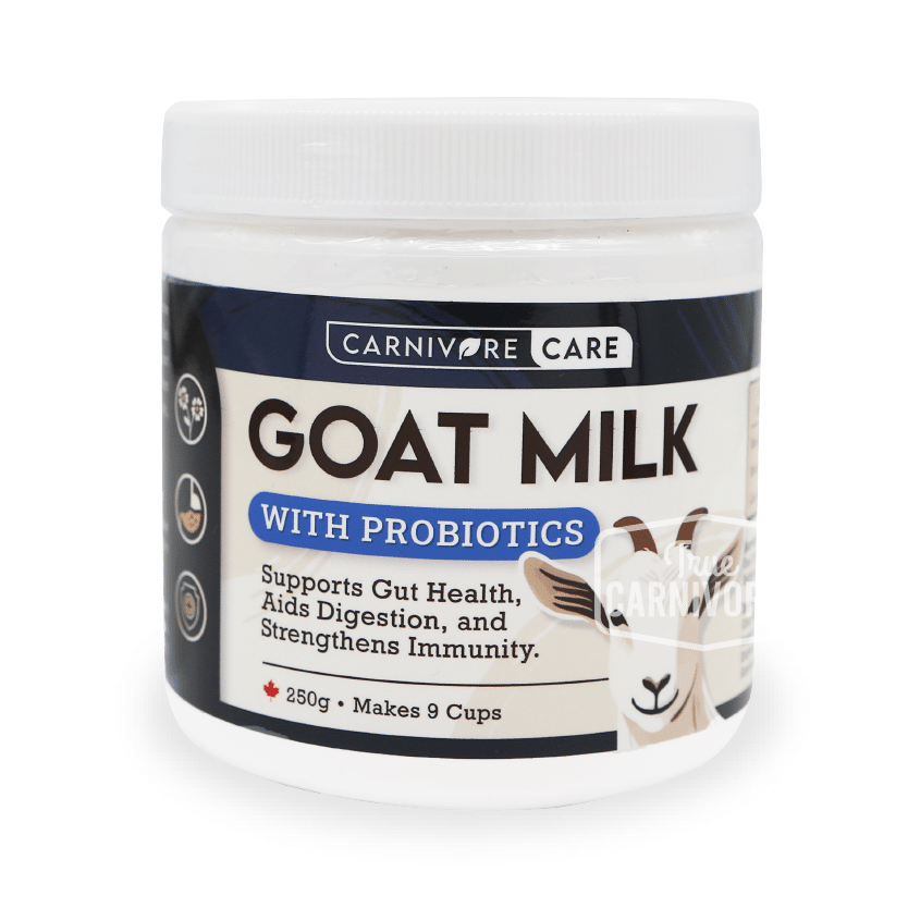Carnivore Care Goat Milk Booster with Probiotics, a 250g tub, supports pets' gut health, digestion, and immunity with Canadian goat milk and added probiotics.
