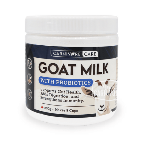 Carnivore Care Goat Milk Booster with Probiotics, a 250g tub, supports pets' gut health, digestion, and immunity with Canadian goat milk and added probiotics.