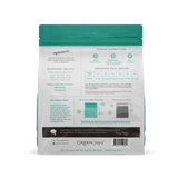 Green Juju Freeze Dried Rabbit with Duck Liver for Dogs package back, showing ingredients, guaranteed analysis, feeding instructions, serving chart, and nutritional benefits.