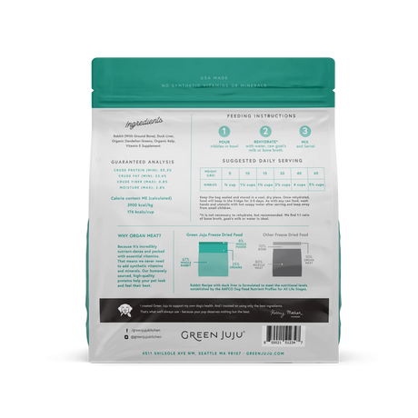 Green Juju Freeze Dried Rabbit with Duck Liver for Dogs package back, showing ingredients, guaranteed analysis, feeding instructions, serving chart, and nutritional benefits.