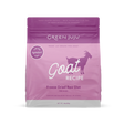 Green Juju Freeze Dried Goat for Dogs in a pink/purple stand-up pouch, features goat silhouette, limited ingredient badge, and diet claims, 14 oz.