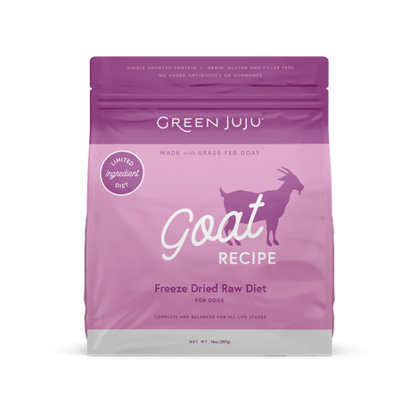 Green Juju Freeze Dried Goat for Dogs in a pink/purple stand-up pouch, features goat silhouette, limited ingredient badge, and diet claims, 14 oz.