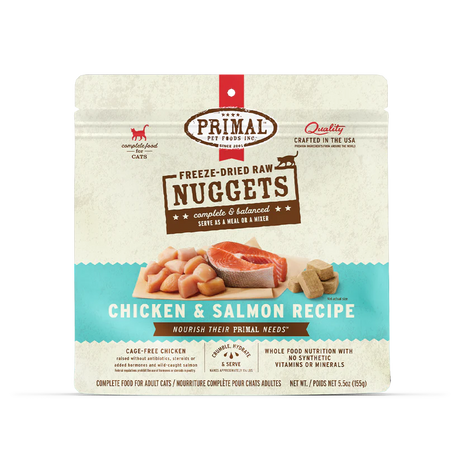 Primal Freeze Dried Chicken & Salmon for Cats in a 5.5 oz pouch, featuring cage-free chicken, wild-caught salmon, and no synthetic additives.