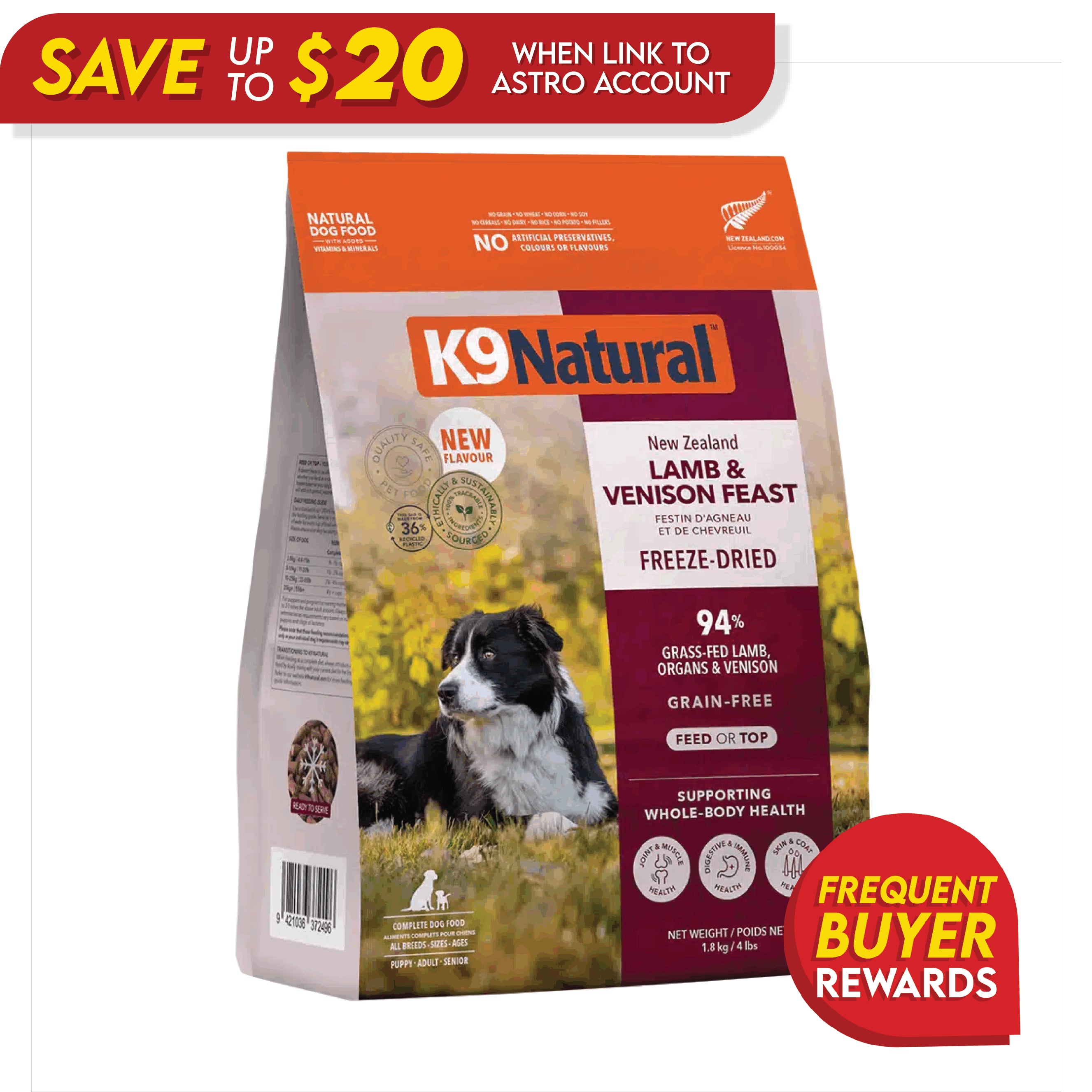K9 Natural Freeze-Dried Lamb & Venison Feast for Dogs 4lb – True