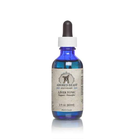 Adored Beast Leaky Gut Protocol - 5 Product Set includes a cobalt-blue glass dropper bottle of Liver Tonic, designed to support liver detoxification and gut health in pets.