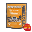 Northwest Naturals Duck Recipe: 11-ounce freeze-dried cat food pouch, 98% duck, grain-free, with “Frequent Buyer Rewards” badge on the lower right.