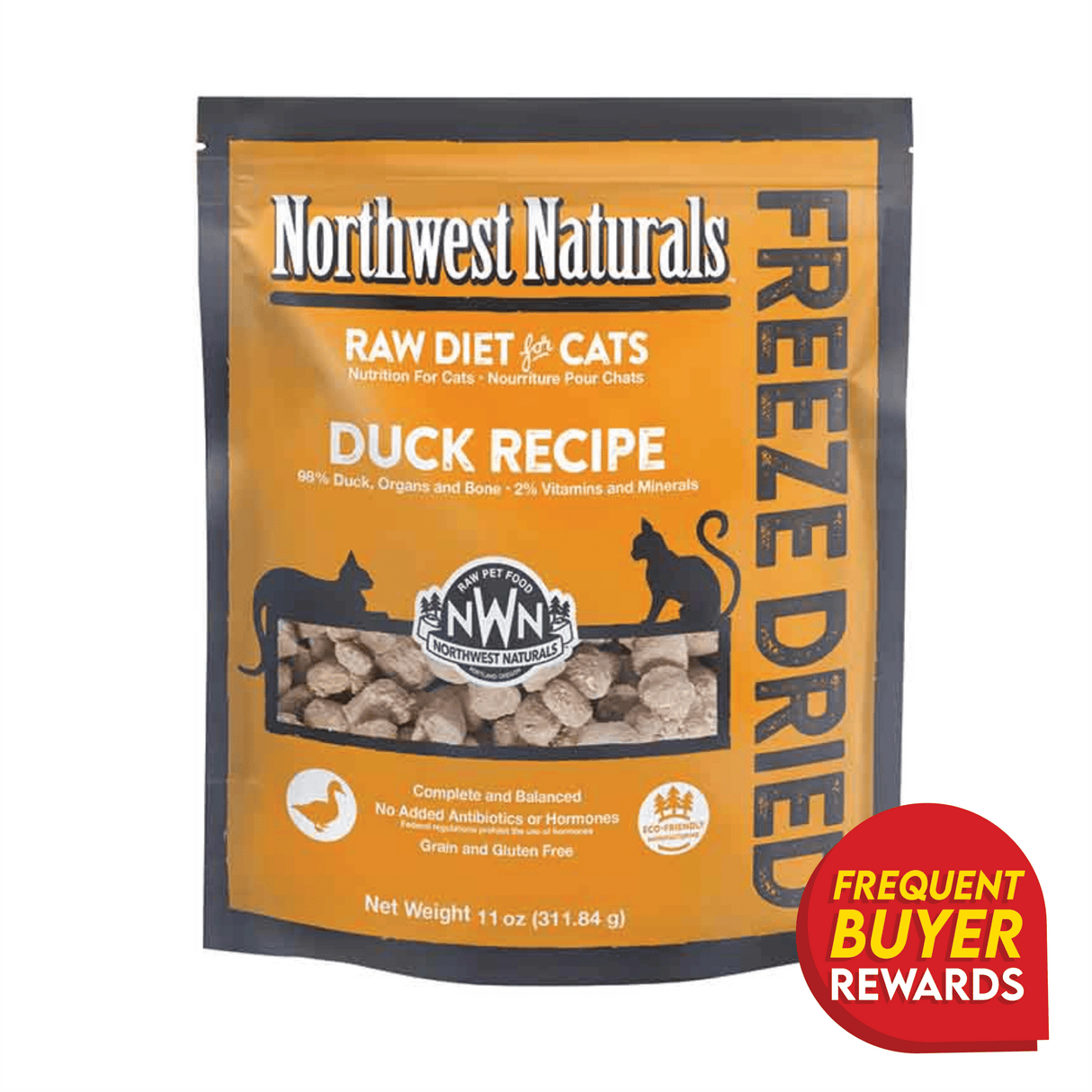 Northwest Naturals Duck Recipe: 11-ounce freeze-dried cat food pouch, 98% duck, grain-free, with “Frequent Buyer Rewards” badge on the lower right.