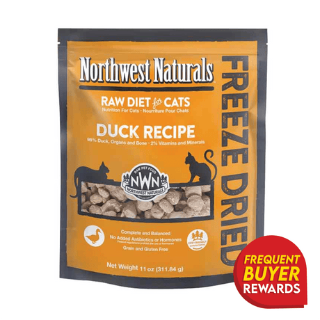 Northwest Naturals Duck Recipe: 11-ounce freeze-dried cat food pouch, 98% duck, grain-free, with “Frequent Buyer Rewards” badge on the lower right.