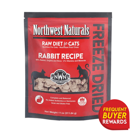 Northwest Naturals Rabbit Recipe freeze-dried cat food pouch, 11 oz., highlights 98% rabbit content, grain-free, no added antibiotics, ideal for sensitive cats.