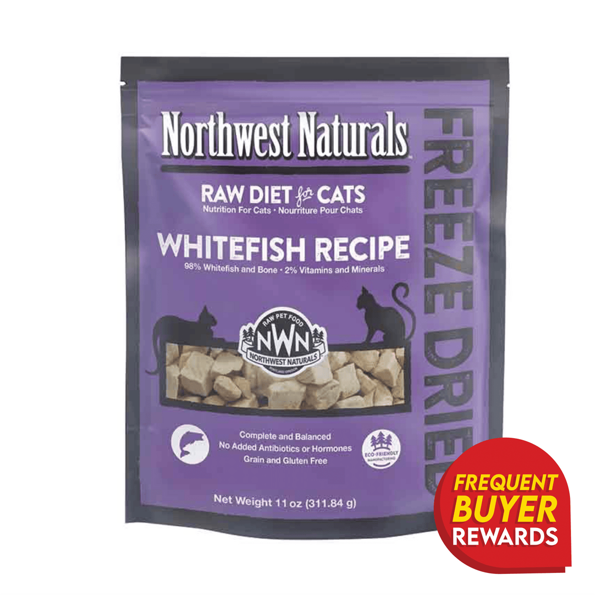 Bag of Northwest Naturals Whitefish Recipe for Cats, featuring freeze-dried whitefish, vitamins, and minerals. Complete, balanced diet; grain-free, antibiotic-free, and hormone-free. 11 oz.