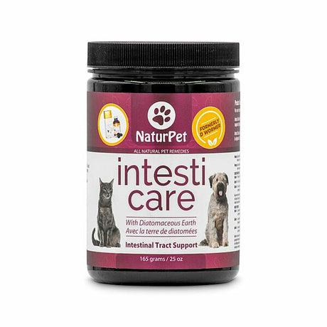 Jar of NaturPet Intesti-Care, a natural pet supplement for intestinal health, containing diatomaceous earth and herbal ingredients, supportive for cats and dogs.