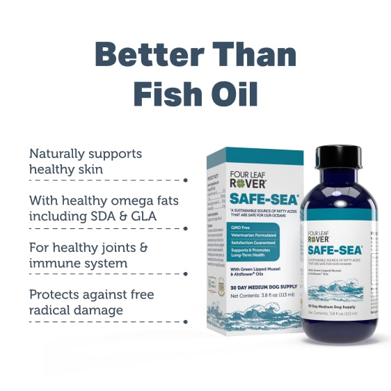 Four Leaf Rover Safe-Sea - Green Lipped Mussel Oil box and bottle, promoting benefits like skin health, joint support, and sustainable omega-fatty acids.