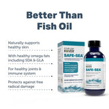 Four Leaf Rover Safe-Sea - Green Lipped Mussel Oil box and bottle, promoting benefits like skin health, joint support, and sustainable omega-fatty acids.