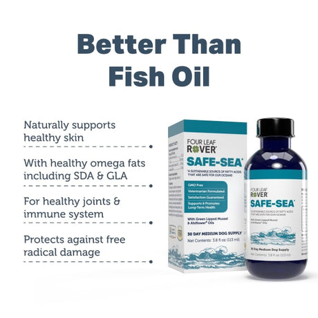 Four Leaf Rover Safe-Sea - Green Lipped Mussel Oil box and bottle, promoting benefits like skin health, joint support, and sustainable omega-fatty acids.