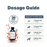 Four Leaf Rover Safe-Sea - Green Lipped Mussel Oil, 30-day supply for medium dogs, dosage guide with daily amounts based on weight, promotes omega-fat benefits.