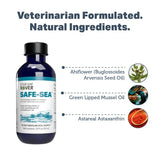 Four Leaf Rover Safe-Sea omega-3 supplement for dogs, featuring a 3.8 fl oz bottle, highlights Ahiflower, Green-Lipped Mussel Oil, and AstaReal® Astaxanthin.