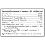 Nordic Naturals Pet Cod Liver Oil nutrition label showing 99.8% crude fat, 8% EPA, 11% DHA, 175 I.U. Vitamin A, and 24% Omega-3s per teaspoon.