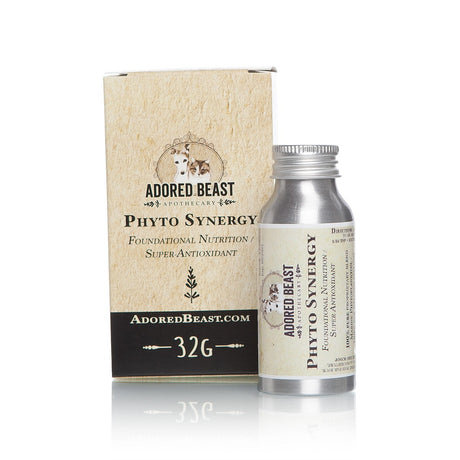 Adored Beast Phyto Synergy dietary supplement, featuring a 32g aluminum bottle and cardboard box, offers foundational nutrition and super-antioxidant benefits for animal health.