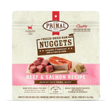 Primal Freeze Dried Beef & Salmon for Cats in a 5.5 oz pouch; freeze-dried raw nuggets made from grass-fed beef and wild-caught salmon.