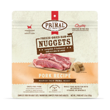 Primal Freeze Dried Pork for Cats package, highlighting crate-free pork, organic ingredients, freeze-dried nuggets, complete nutrition, and serving options as meal or mixer.