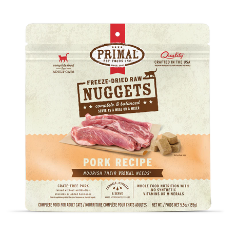 Primal Freeze Dried Pork for Cats package, highlighting crate-free pork, organic ingredients, freeze-dried nuggets, complete nutrition, and serving options as meal or mixer.