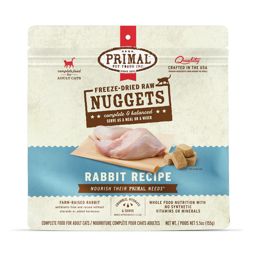 Primal Freeze Dried Rabbit for Cats package, featuring freeze-dried raw nuggets, rabbit meat image, and claims of organic, single-protein nutrition for adult cats.