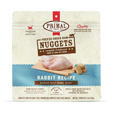 Primal Freeze Dried Rabbit for Cats package, featuring freeze-dried raw nuggets, rabbit meat image, and claims of organic, single-protein nutrition for adult cats.