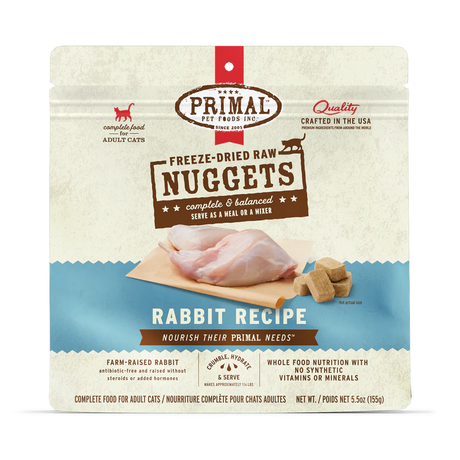 Primal Freeze Dried Rabbit for Cats package, featuring freeze-dried raw nuggets, rabbit meat image, and claims of organic, single-protein nutrition for adult cats.