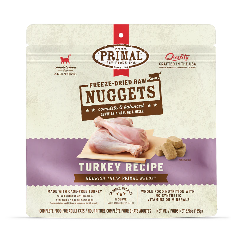 Primal Freeze Dried Turkey for Cats: Freeze-dried raw nuggets, 5.5 oz pouch, complete meal or mixer, made with cage-free turkey, no hormones, crafted by Primal Pet Foods.