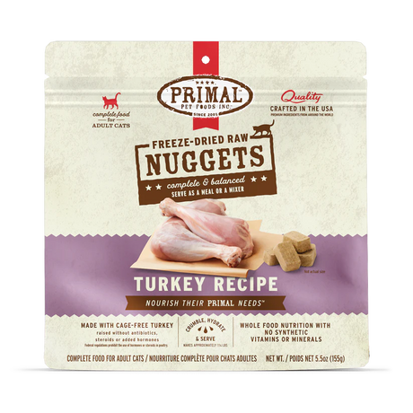 Primal Freeze Dried Turkey for Cats: Freeze-dried raw nuggets, 5.5 oz pouch, complete meal or mixer, made with cage-free turkey, no hormones, crafted by Primal Pet Foods.