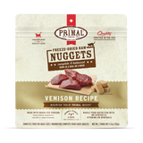 Primal Freeze Dried Venison for Cats package features raw venison images, grass-fed claims, and usage instructions, emphasizing a complete, balanced, freeze-dried raw diet.