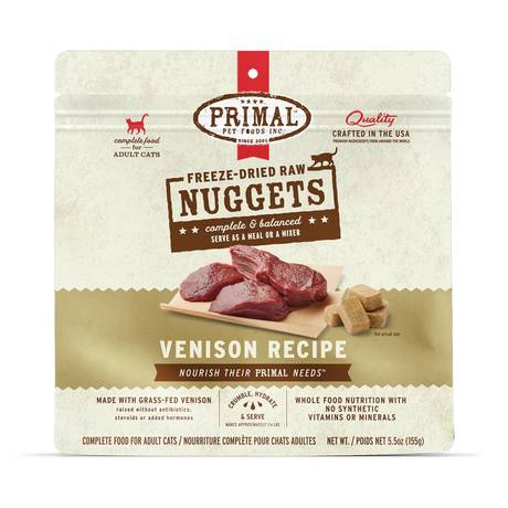 Primal Freeze Dried Venison for Cats package features raw venison images, grass-fed claims, and usage instructions, emphasizing a complete, balanced, freeze-dried raw diet.