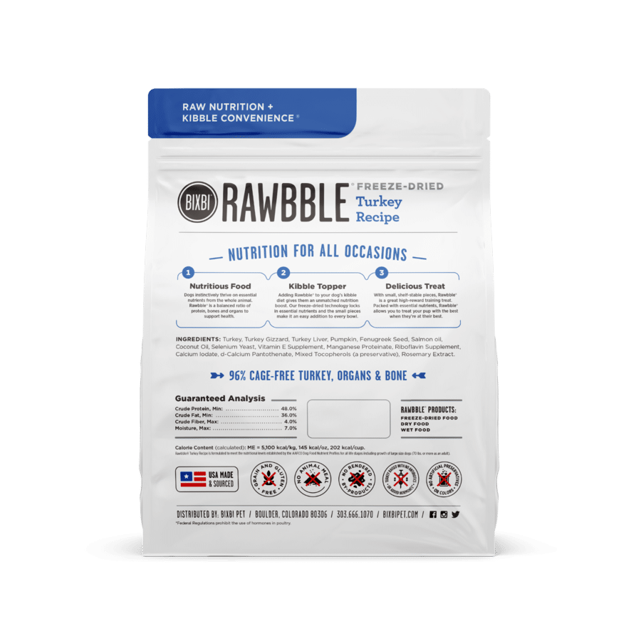 Back of Bixbi Rawbble Turkey Recipe for Dogs pouch, highlighting meal, topper, treat uses, 96% turkey ingredients, nutritional analysis, and icons for no grains or artificial preservatives.