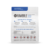 Back of Bixbi Rawbble Turkey Recipe for Dogs pouch, highlighting meal, topper, treat uses, 96% turkey ingredients, nutritional analysis, and icons for no grains or artificial preservatives.