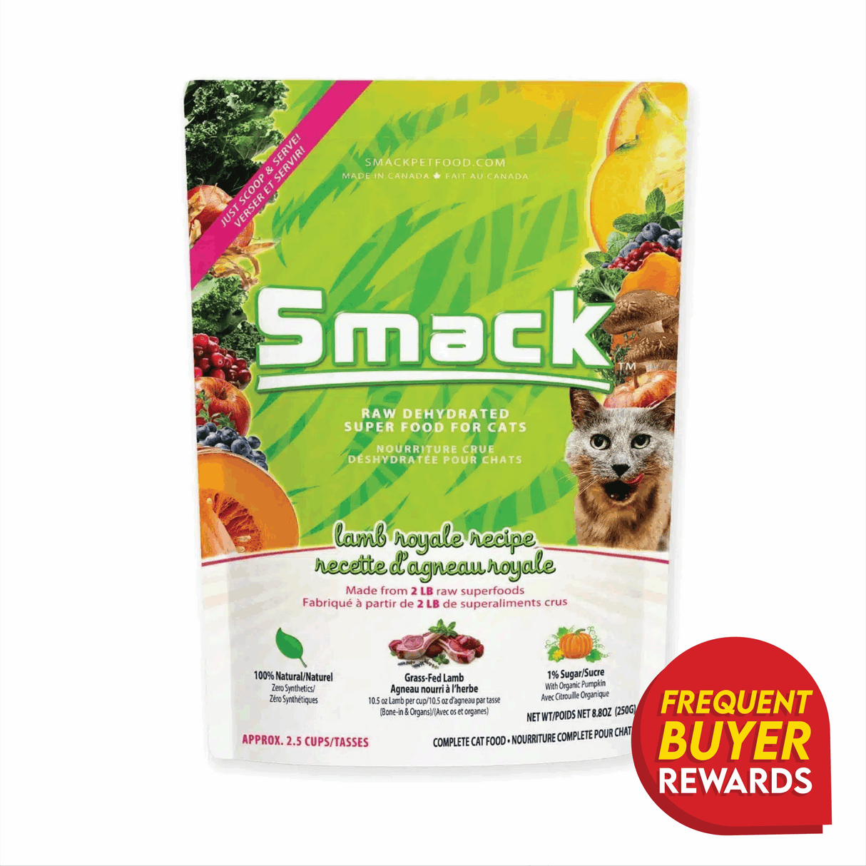 Smack Lamb Royale for Cats: Raw dehydrated superfood with grass-fed lamb, vibrant packaging, fruits, vegetables, 8.8 oz, frequent buyer rewards badge.