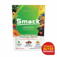 Smack Lip Smacking Lamb for Dogs features a black dog, grass-fed lamb, fruits, veggies, and a Frequent Buyer Rewards badge, highlighting natural, dehydrated raw ingredients.