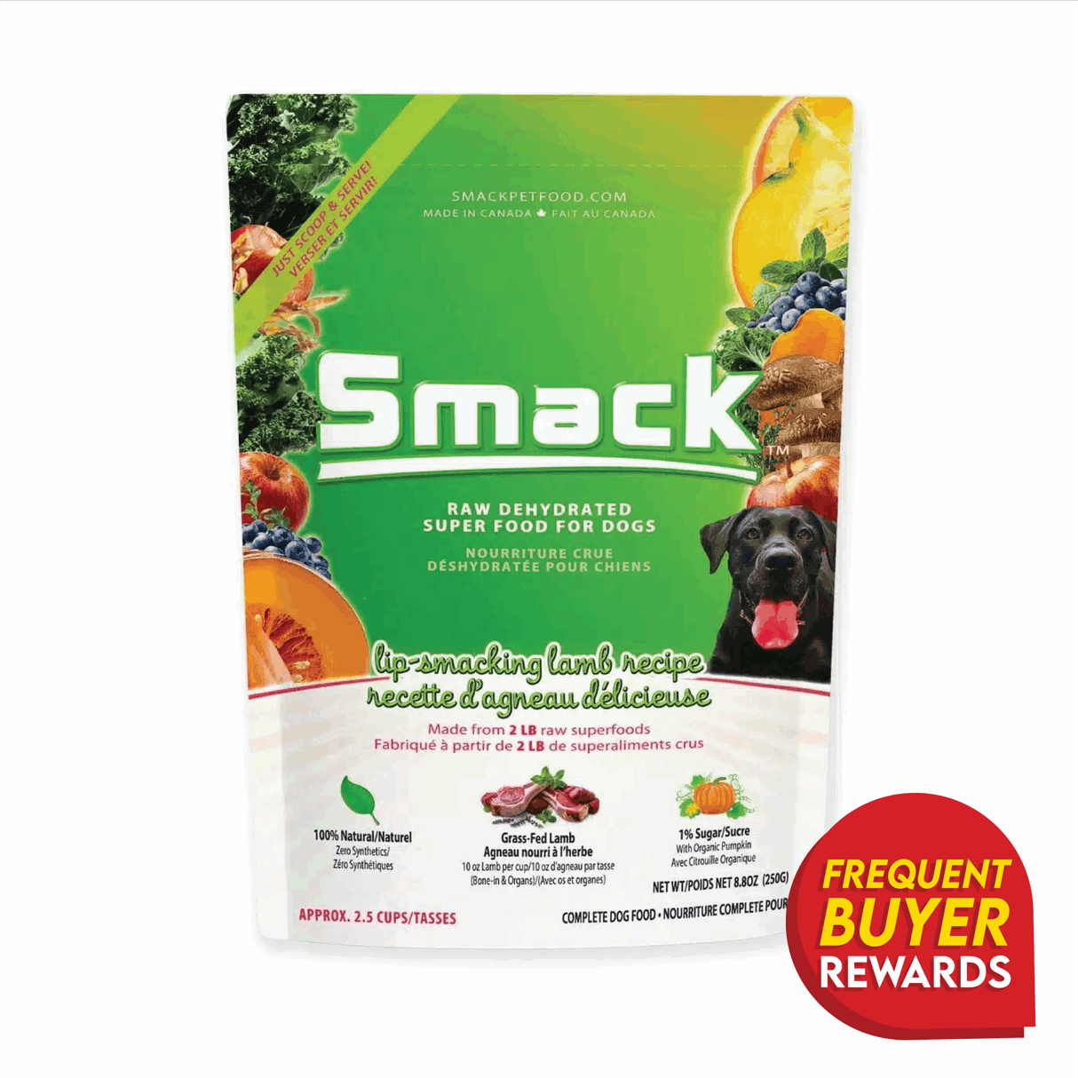 Smack Lip Smacking Lamb for Dogs features a black dog, grass-fed lamb, fruits, veggies, and a Frequent Buyer Rewards badge, highlighting natural, dehydrated raw ingredients.