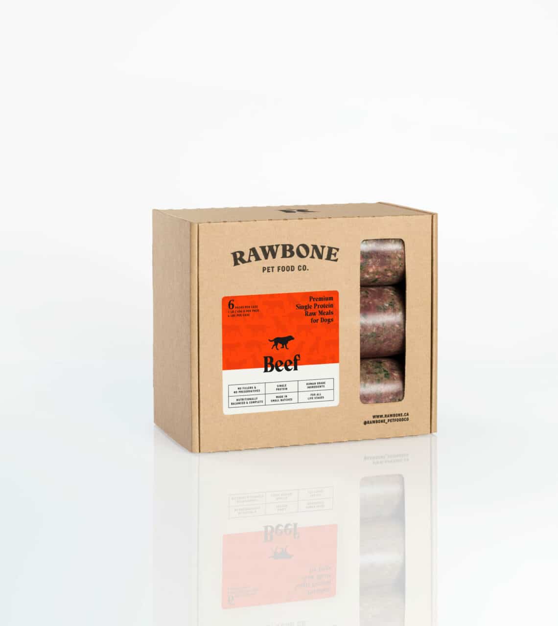 Rawbone Variety Box (Beef, Pork & Turkey) showing vacuum-sealed raw meals for dogs through a die-cut window, labeled as premium, human-grade, and nutritionally balanced.