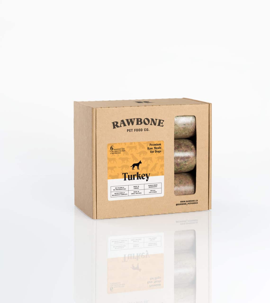 Rawbone Variety Box (Beef, Pork & Turkey) showing label for six raw turkey patties, designed for freezer storage and convenient meal preparation.